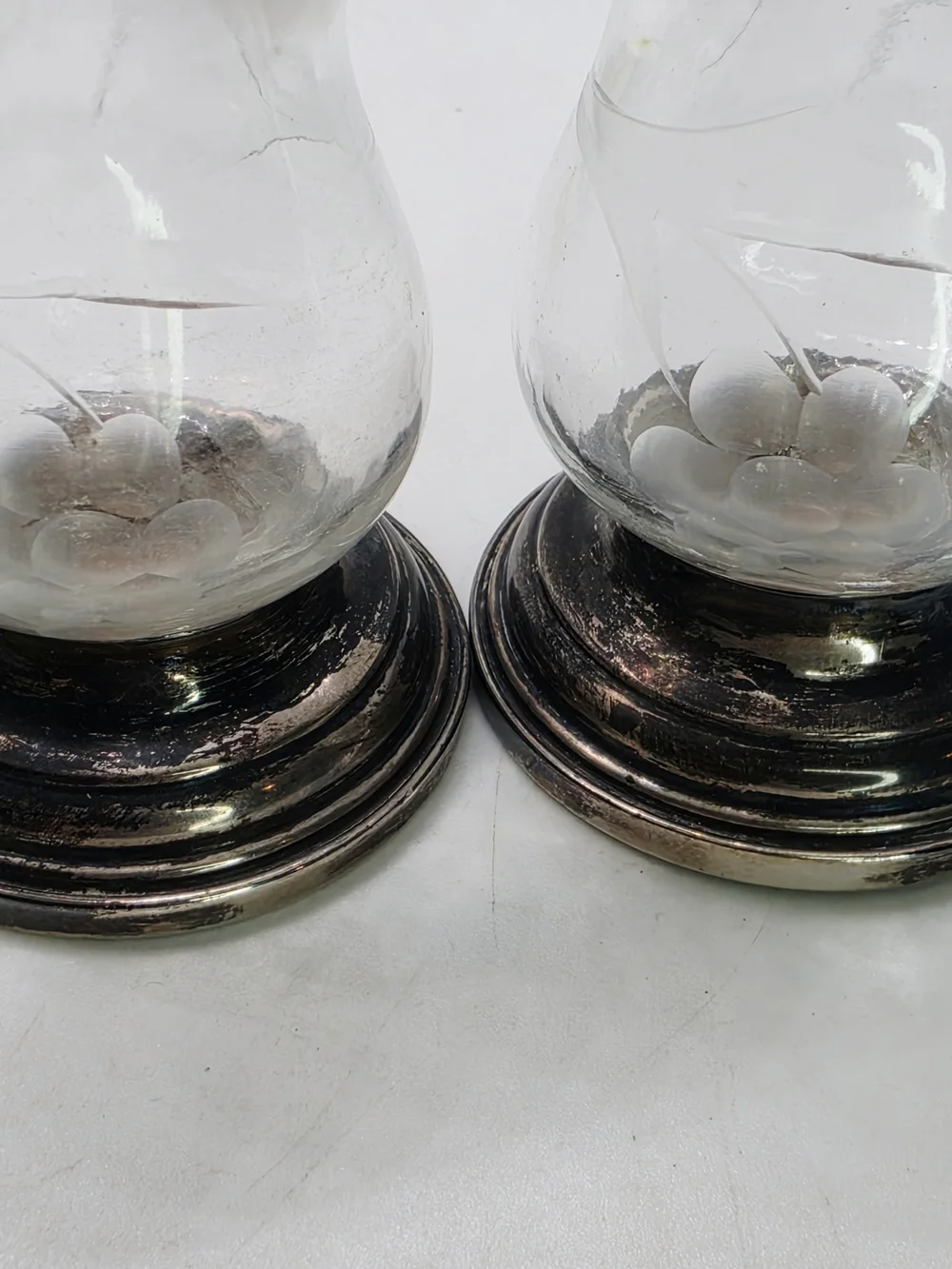 Vintage Alvin S270 Sterling Silver & Etched Glass Salt and Pepper Shakers Pair